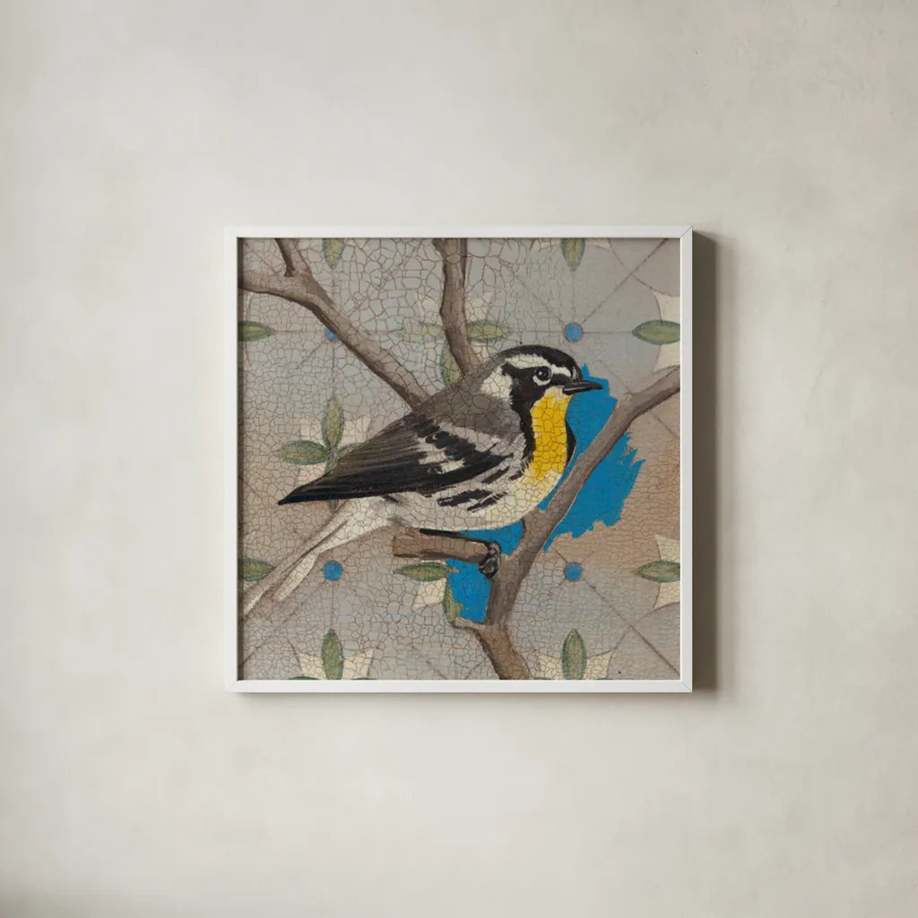 Yellow Thorated Warbler by Kathrine Lovell. Shown in a crisp white glass frame for a clean and minimalist style. Available as an archival giclee rolled canvas, fine art paper, or poster print. SKU 43538a.