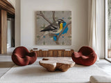 Yellow Thorated Warbler by Kathrine Lovell. Shown as extra-large giant wall art in a modern living room. Available as an archival giclee rolled canvas, fine art paper, or poster print. SKU 43538a.
