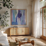 Abstract Layers I by Kathy Ferguson. Shown in a natural wood frame in a cozy modern living room. Available as an archival giclee rolled canvas, fine art paper, or poster print. SKU 72102a.