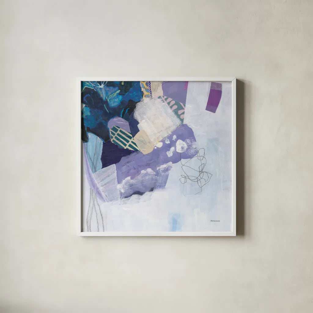 Abstract Layers II by Kathy Ferguson. Shown in a crisp white glass frame for a clean and minimalist style. Available as an archival giclee rolled canvas, fine art paper, or poster print. SKU 72103a.