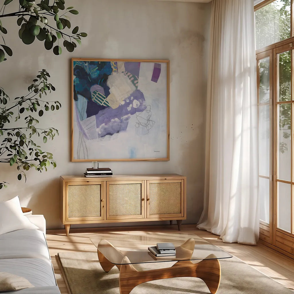 Abstract Layers II by Kathy Ferguson. Shown in a natural wood frame in a cozy modern living room. Available as an archival giclee rolled canvas, fine art paper, or poster print. SKU 72103a.