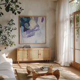 Abstract Layers II by Kathy Ferguson. Shown in a natural wood frame in a cozy modern living room. Available as an archival giclee rolled canvas, fine art paper, or poster print. SKU 72103a.