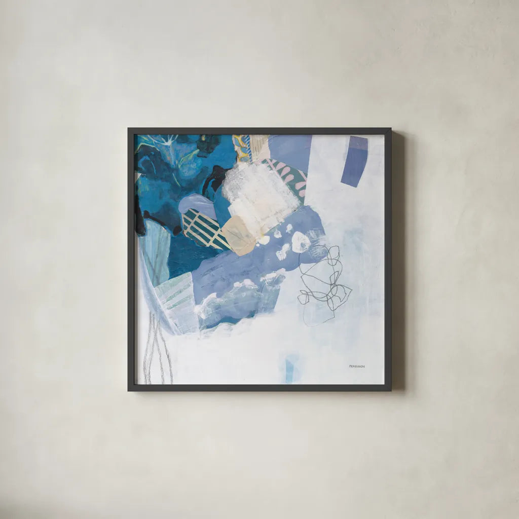 Abstract Layers II Blue by Kathy Ferguson. Shown in a sleek black glass frame for a contemporary gallery look. Available as an archival giclee rolled canvas, fine art paper, or poster print. SKU 72693a.