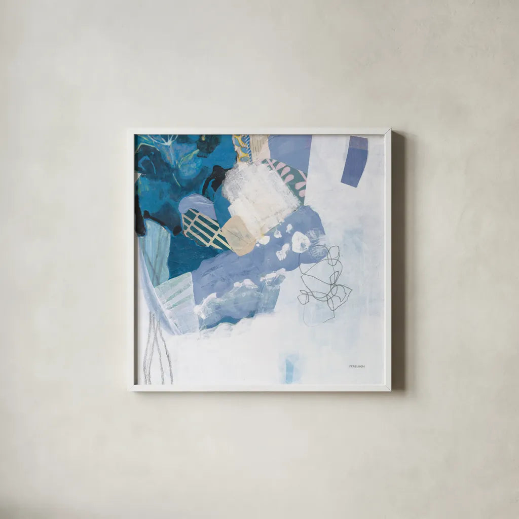 Abstract Layers II Blue by Kathy Ferguson. Shown in a crisp white glass frame for a clean and minimalist style. Available as an archival giclee rolled canvas, fine art paper, or poster print. SKU 72693a.