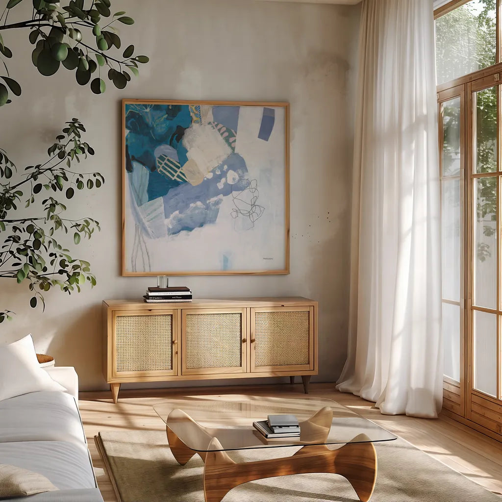 Abstract Layers II Blue by Kathy Ferguson. Shown in a natural wood frame in a cozy modern living room. Available as an archival giclee rolled canvas, fine art paper, or poster print. SKU 72693a.