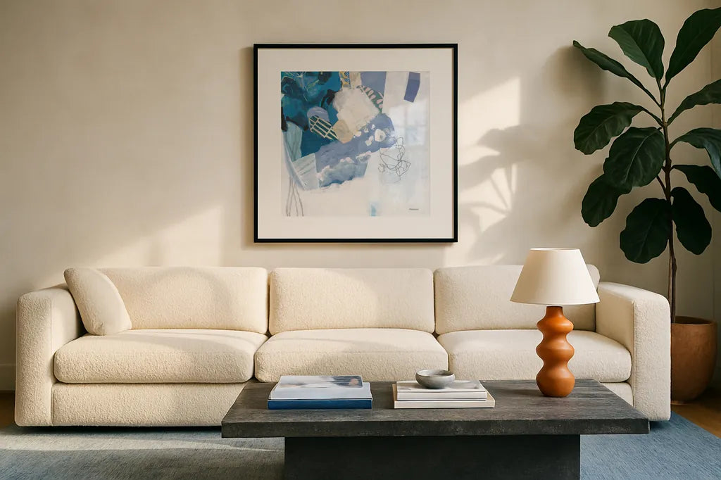 Abstract Layers II Blue by Kathy Ferguson. Displayed in a glass frame with matte in a clean modern living room. Available as an archival giclee rolled canvas, fine art paper, or poster print. SKU 72693a.