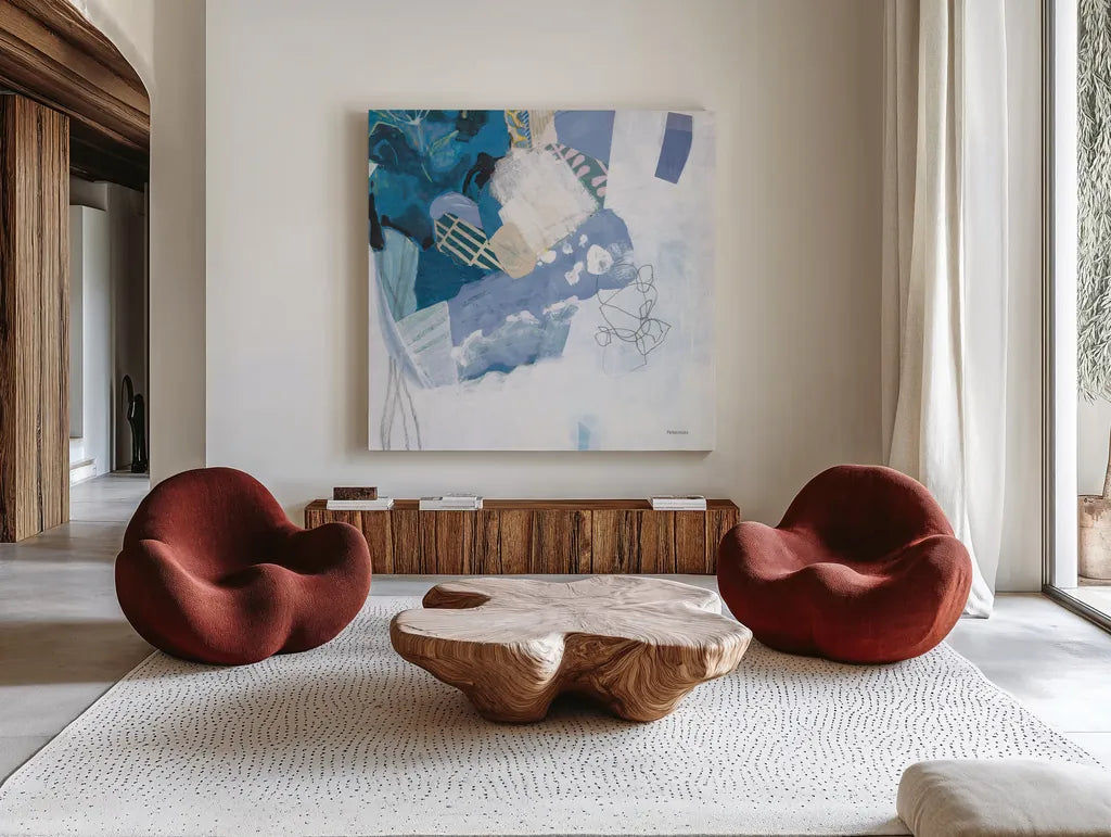 Abstract Layers II Blue by Kathy Ferguson. Shown as extra-large giant wall art in a modern living room. Available as an archival giclee rolled canvas, fine art paper, or poster print. SKU 72693a.