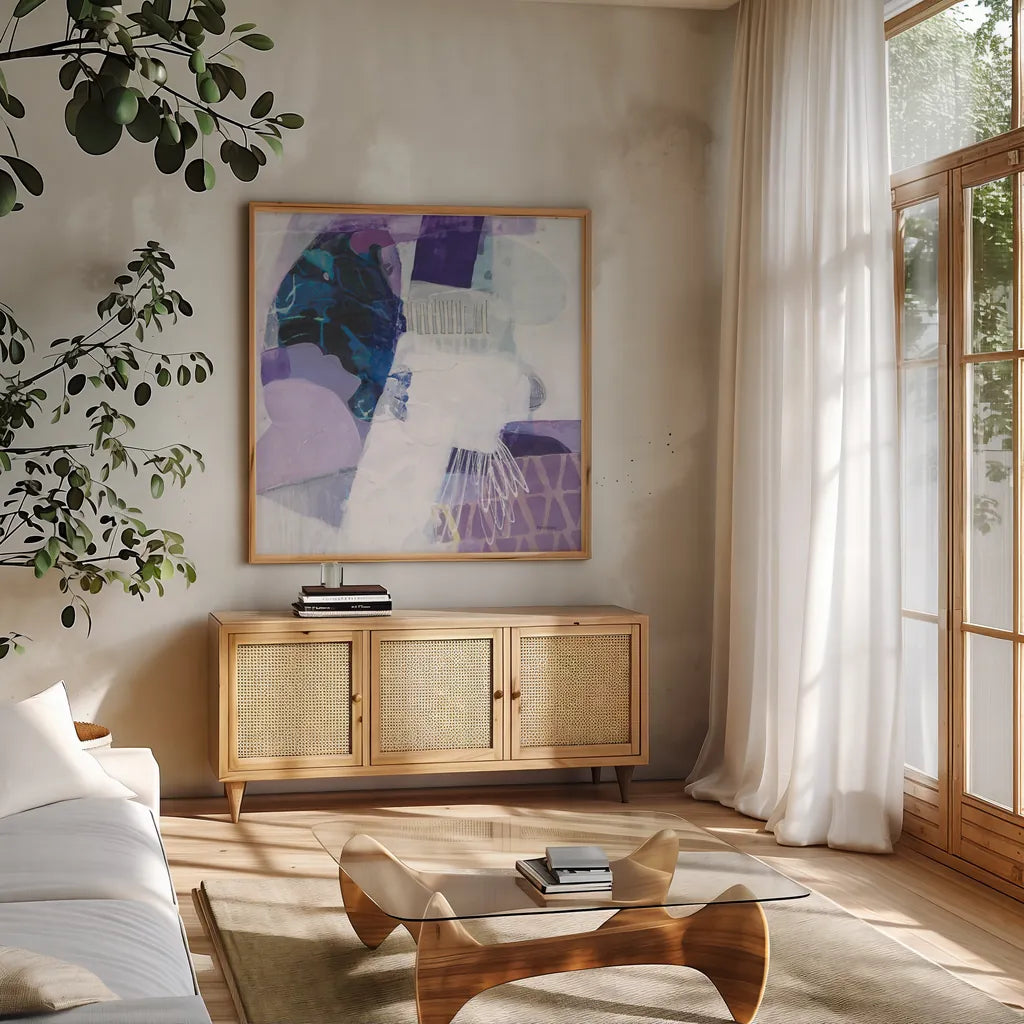 Abstract Layers III by Kathy Ferguson. Shown in a natural wood frame in a cozy modern living room. Available as an archival giclee rolled canvas, fine art paper, or poster print. SKU 72104a.