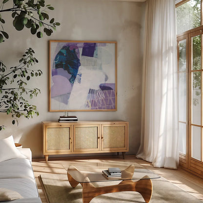Abstract Layers III by Kathy Ferguson. Shown in a natural wood frame in a cozy modern living room. Available as an archival giclee rolled canvas, fine art paper, or poster print. SKU 72104a.