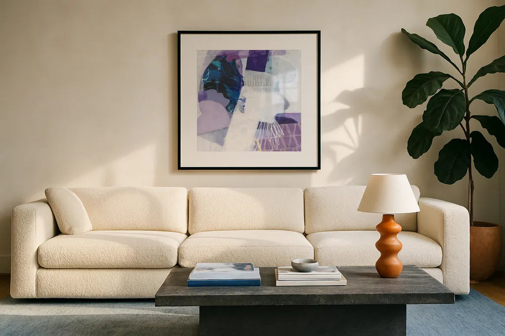 Abstract Layers III by Kathy Ferguson. Displayed in a glass frame with matte in a clean modern living room. Available as an archival giclee rolled canvas, fine art paper, or poster print. SKU 72104a.