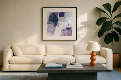 Abstract Layers III by Kathy Ferguson. Displayed in a glass frame with matte in a clean modern living room. Available as an archival giclee rolled canvas, fine art paper, or poster print. SKU 72104a.