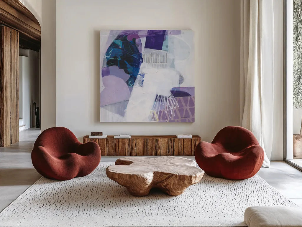 Abstract Layers III by Kathy Ferguson. Shown as extra-large giant wall art in a modern living room. Available as an archival giclee rolled canvas, fine art paper, or poster print. SKU 72104a.