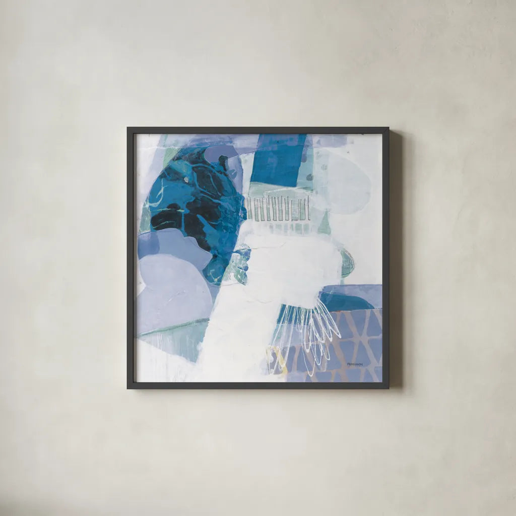 Abstract Layers III Blue by Kathy Ferguson. Shown in a sleek black glass frame for a contemporary gallery look. Available as an archival giclee rolled canvas, fine art paper, or poster print. SKU 72694a.