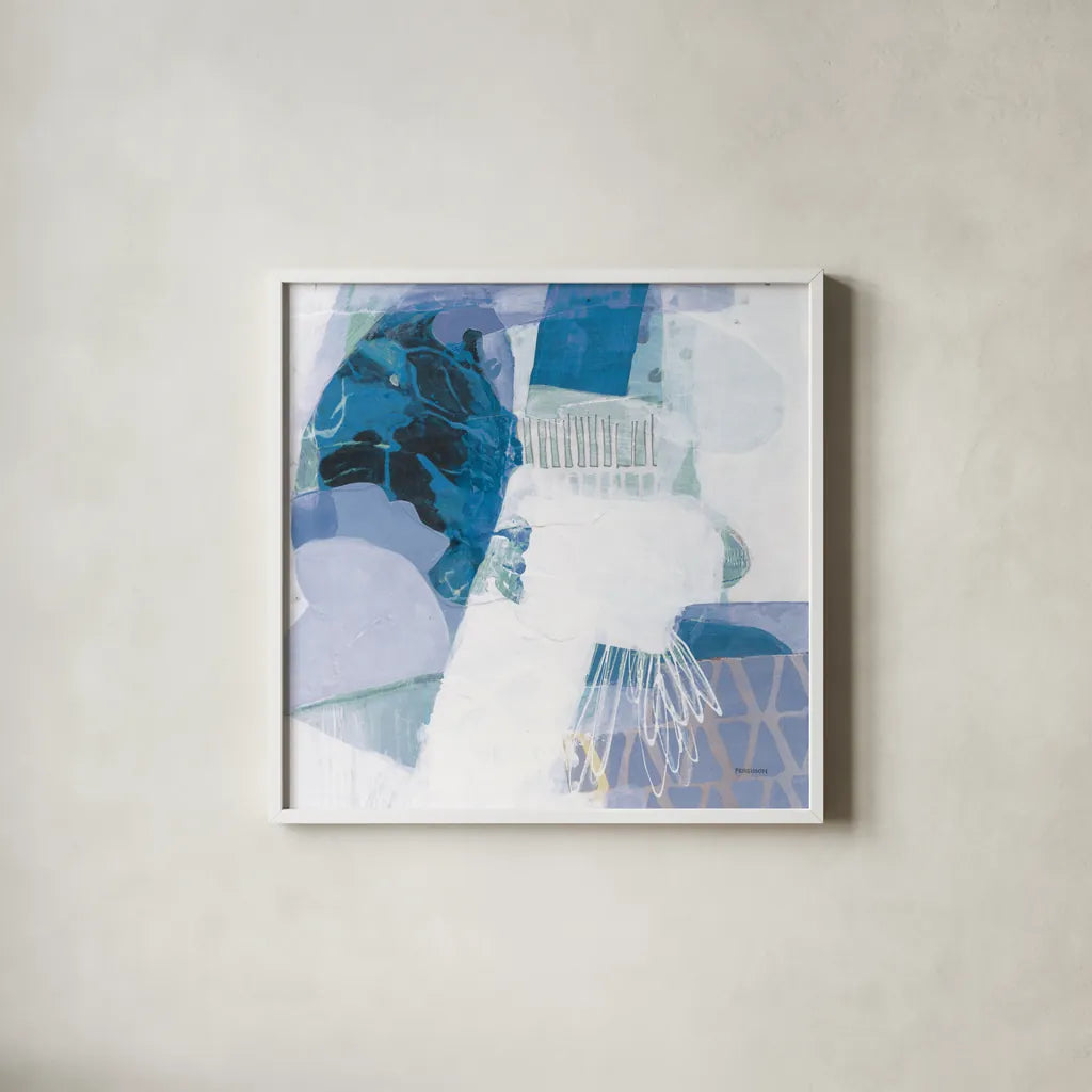 Abstract Layers III Blue by Kathy Ferguson. Shown in a crisp white glass frame for a clean and minimalist style. Available as an archival giclee rolled canvas, fine art paper, or poster print. SKU 72694a.