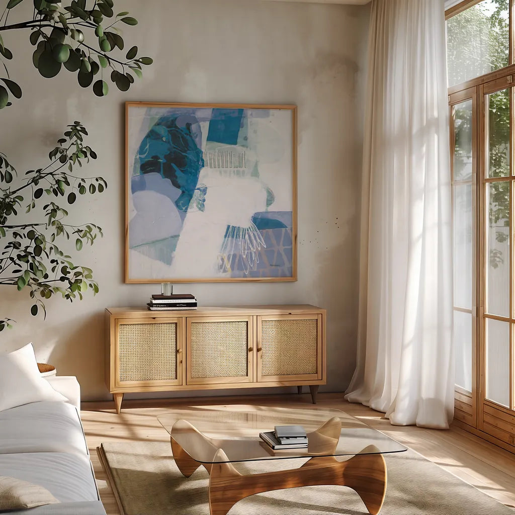 Abstract Layers III Blue by Kathy Ferguson. Shown in a natural wood frame in a cozy modern living room. Available as an archival giclee rolled canvas, fine art paper, or poster print. SKU 72694a.