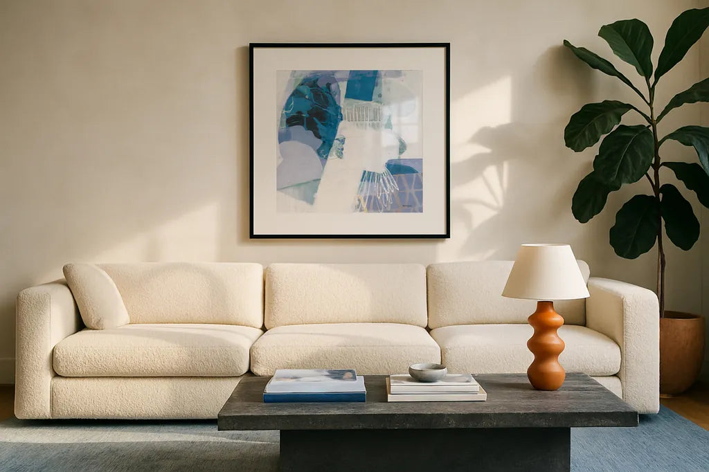 Abstract Layers III Blue by Kathy Ferguson. Displayed in a glass frame with matte in a clean modern living room. Available as an archival giclee rolled canvas, fine art paper, or poster print. SKU 72694a.