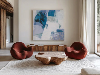 Abstract Layers III Blue by Kathy Ferguson. Shown as extra-large giant wall art in a modern living room. Available as an archival giclee rolled canvas, fine art paper, or poster print. SKU 72694a.