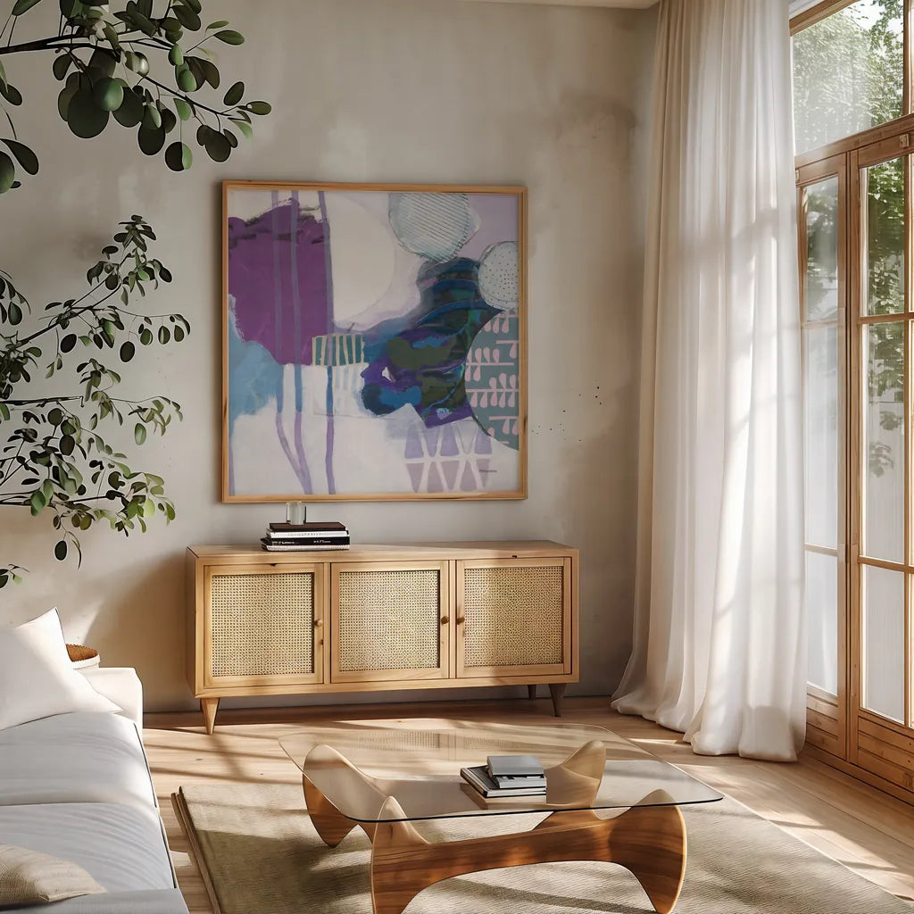 Abstract Layers IV by Kathy Ferguson. Shown in a natural wood frame in a cozy modern living room. Available as an archival giclee rolled canvas, fine art paper, or poster print. SKU 72105a.