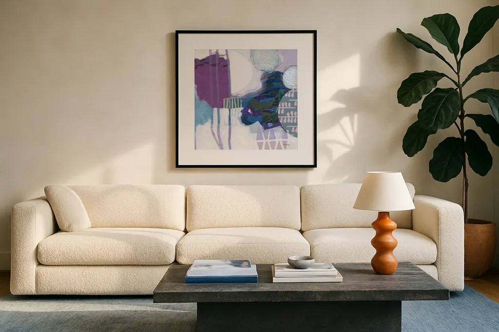 Abstract Layers IV by Kathy Ferguson. Displayed in a glass frame with matte in a clean modern living room. Available as an archival giclee rolled canvas, fine art paper, or poster print. SKU 72105a.