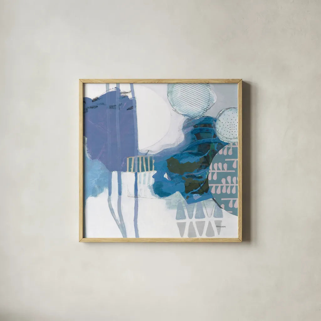 Abstract Layers IV Blue by Kathy Ferguson. Shown in a natural wood glass frame for a timeless modern aesthetic. Available as an archival giclee rolled canvas, fine art paper, or poster print. SKU 72695a.