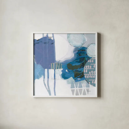 Abstract Layers IV Blue by Kathy Ferguson. Shown in a crisp white glass frame for a clean and minimalist style. Available as an archival giclee rolled canvas, fine art paper, or poster print. SKU 72695a.