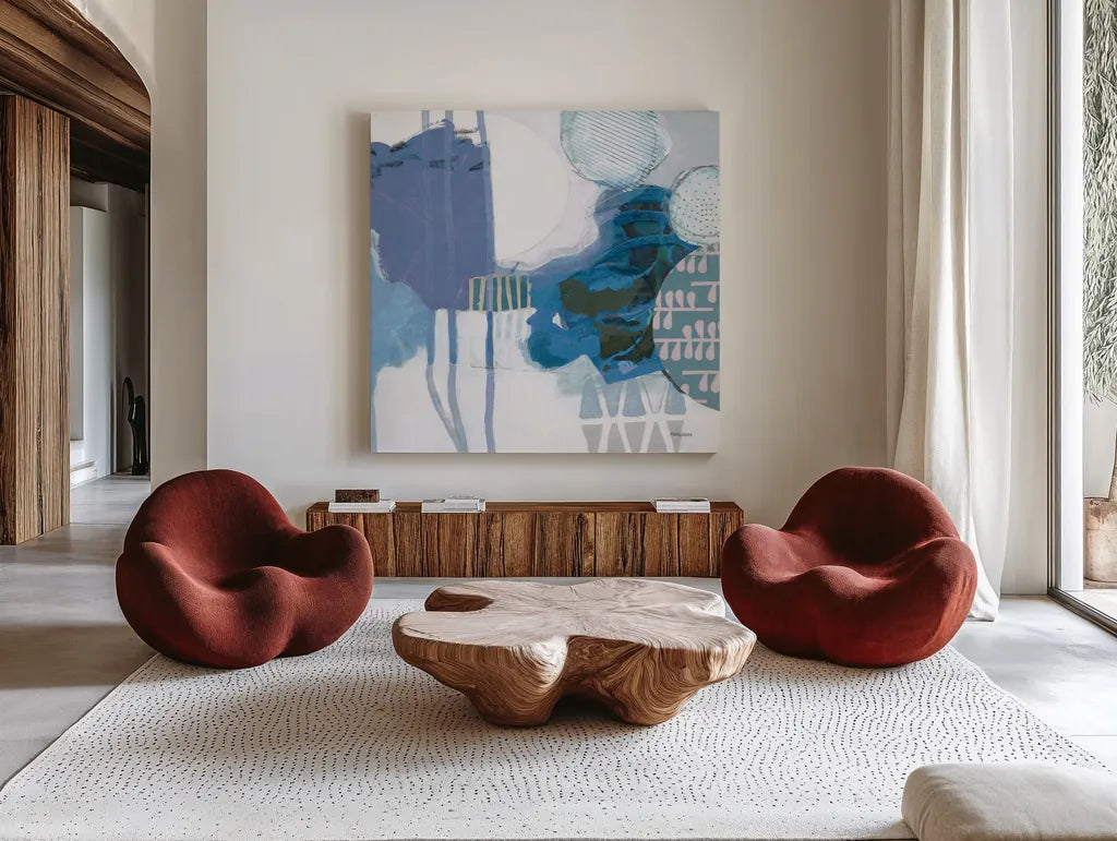Abstract Layers IV Blue by Kathy Ferguson. Shown as extra-large giant wall art in a modern living room. Available as an archival giclee rolled canvas, fine art paper, or poster print. SKU 72695a.