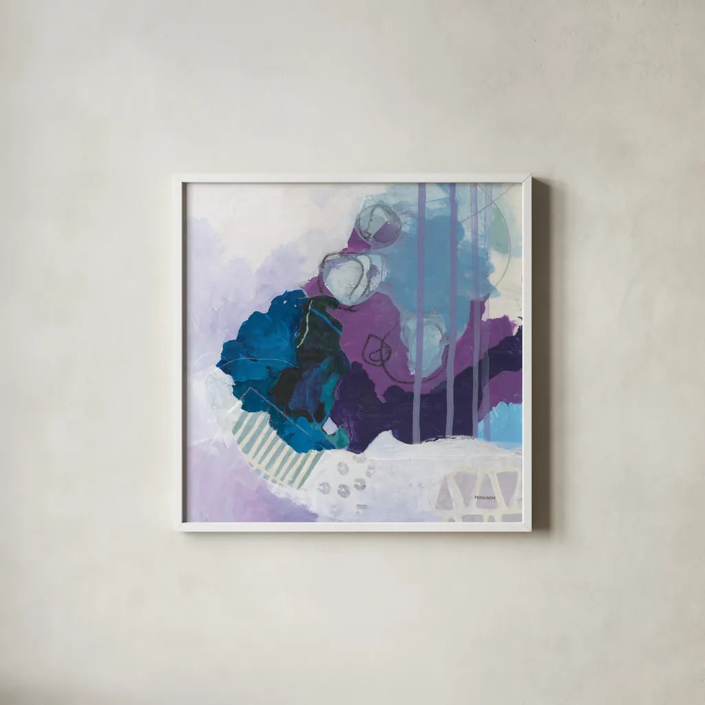 Amethyst by Kathy Ferguson. Shown in a crisp white glass frame for a clean and minimalist style. Available as an archival giclee rolled canvas, fine art paper, or poster print. SKU 72100a.