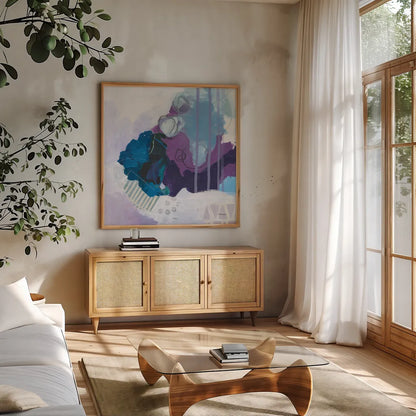 Amethyst by Kathy Ferguson. Shown in a natural wood frame in a cozy modern living room. Available as an archival giclee rolled canvas, fine art paper, or poster print. SKU 72100a.