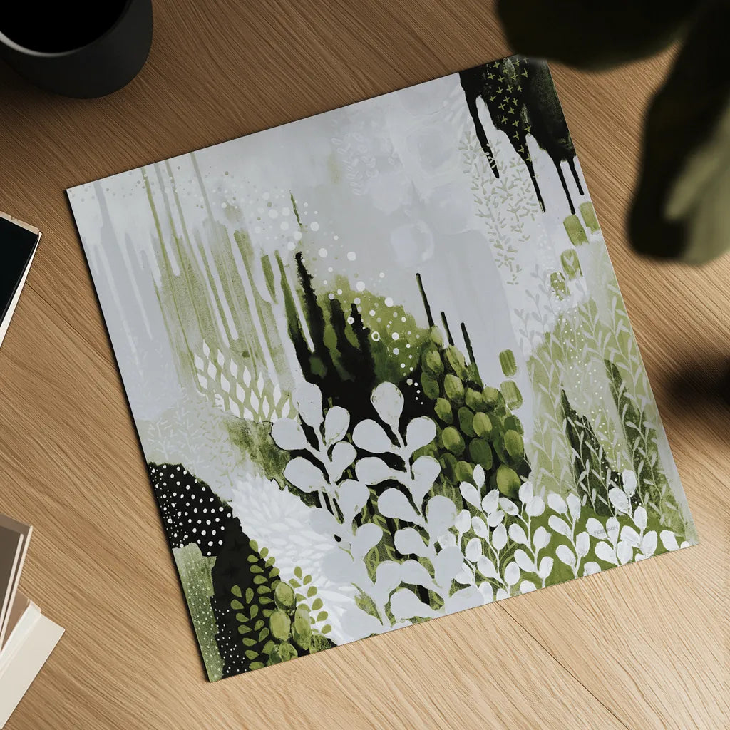 BW Forest II with Green by Kathy Ferguson. Shown as a detailed flat fine art print, highlighting archival giclee quality. Available as an archival giclee rolled canvas, fine art paper, or poster print. SKU 56966a.