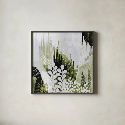 BW Forest II with Green by Kathy Ferguson. Shown in a sleek black glass frame for a contemporary gallery look. Available as an archival giclee rolled canvas, fine art paper, or poster print. SKU 56966a.