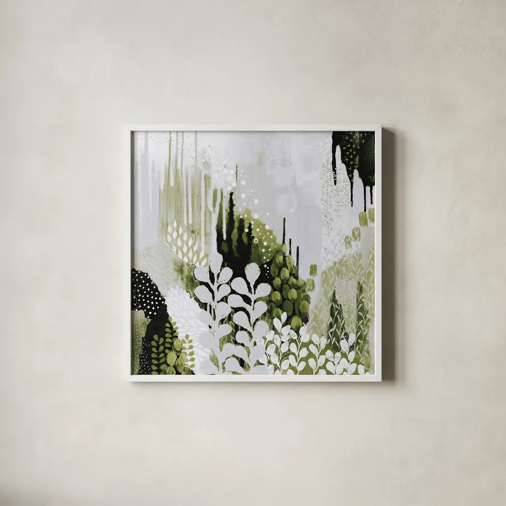 BW Forest II with Green by Kathy Ferguson. Shown in a crisp white glass frame for a clean and minimalist style. Available as an archival giclee rolled canvas, fine art paper, or poster print. SKU 56966a.