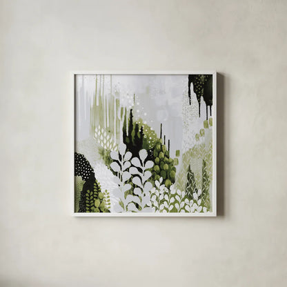 BW Forest II with Green by Kathy Ferguson. Shown in a crisp white glass frame for a clean and minimalist style. Available as an archival giclee rolled canvas, fine art paper, or poster print. SKU 56966a.