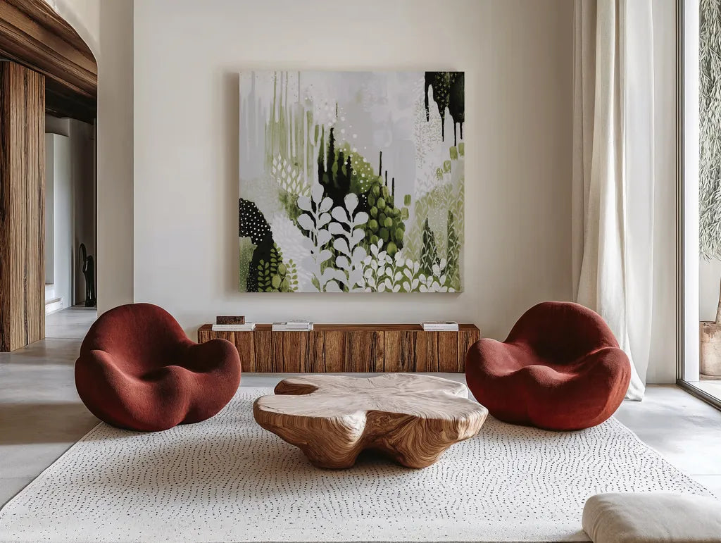 BW Forest II with Green by Kathy Ferguson. Shown as extra-large giant wall art in a modern living room. Available as an archival giclee rolled canvas, fine art paper, or poster print. SKU 56966a.