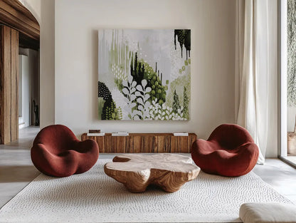 BW Forest II with Green by Kathy Ferguson. Shown as extra-large giant wall art in a modern living room. Available as an archival giclee rolled canvas, fine art paper, or poster print. SKU 56966a.