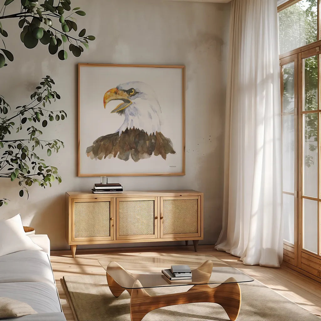Bald Eagle by Kathy Ferguson. Shown in a natural wood frame in a cozy modern living room. Available as an archival giclee rolled canvas, fine art paper, or poster print. SKU 72097a.