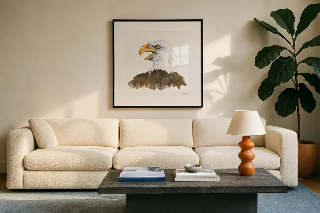 Bald Eagle by Kathy Ferguson. Displayed in a glass frame with matte in a clean modern living room. Available as an archival giclee rolled canvas, fine art paper, or poster print. SKU 72097a.