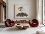 Bald Eagle by Kathy Ferguson. Shown as extra-large giant wall art in a modern living room. Available as an archival giclee rolled canvas, fine art paper, or poster print. SKU 72097a.