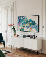 Bridging Our Differences Crop by Kathy Ferguson. shown as a framed stretched canvas in a living room above a console. Available as a archival giclee rolled canvas, fine art paper, or poster print. SKU 24057i.