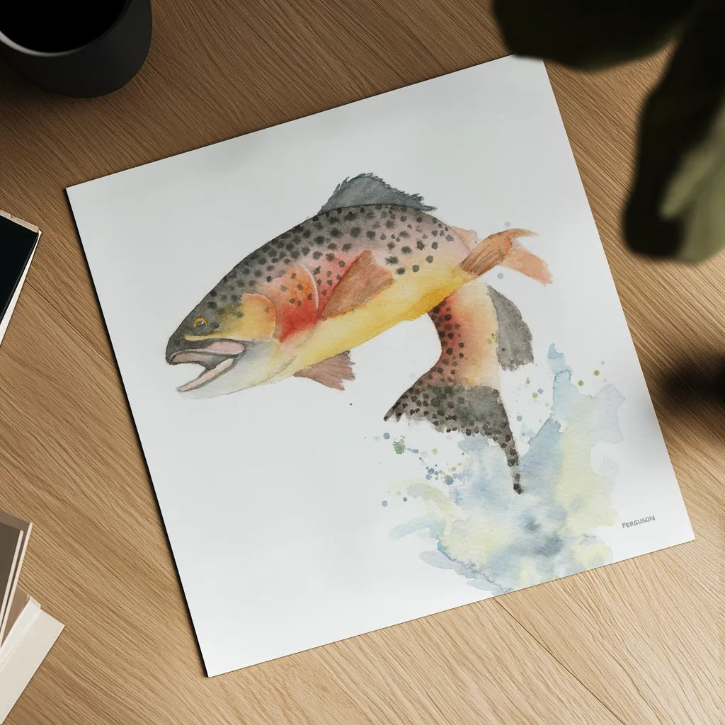 Cutthroat Trout by Kathy Ferguson. Shown as a detailed flat fine art print, highlighting archival giclee quality. Available as an archival giclee rolled canvas, fine art paper, or poster print. SKU 72098a.