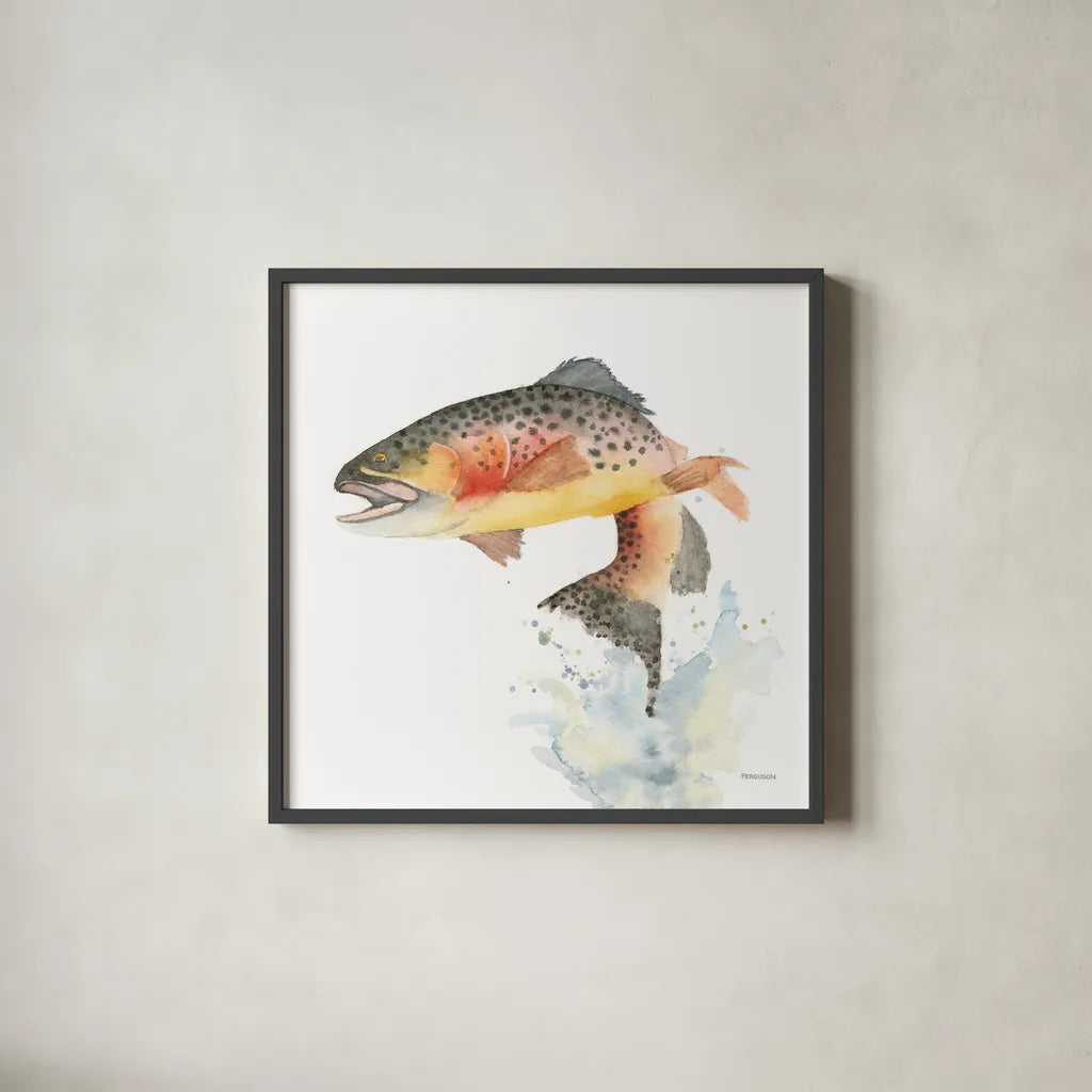 Cutthroat Trout by Kathy Ferguson. Shown in a sleek black glass frame for a contemporary gallery look. Available as an archival giclee rolled canvas, fine art paper, or poster print. SKU 72098a.