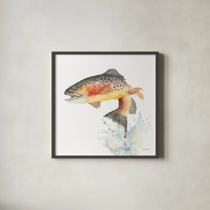 Cutthroat Trout by Kathy Ferguson. Shown in a sleek black glass frame for a contemporary gallery look. Available as an archival giclee rolled canvas, fine art paper, or poster print. SKU 72098a.