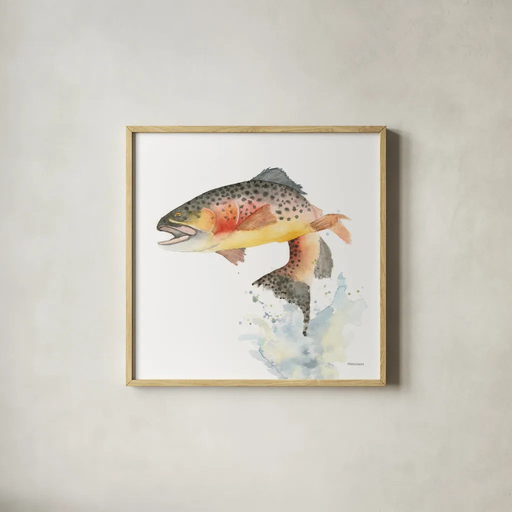 Cutthroat Trout by Kathy Ferguson. Shown in a natural wood glass frame for a timeless modern aesthetic. Available as an archival giclee rolled canvas, fine art paper, or poster print. SKU 72098a.