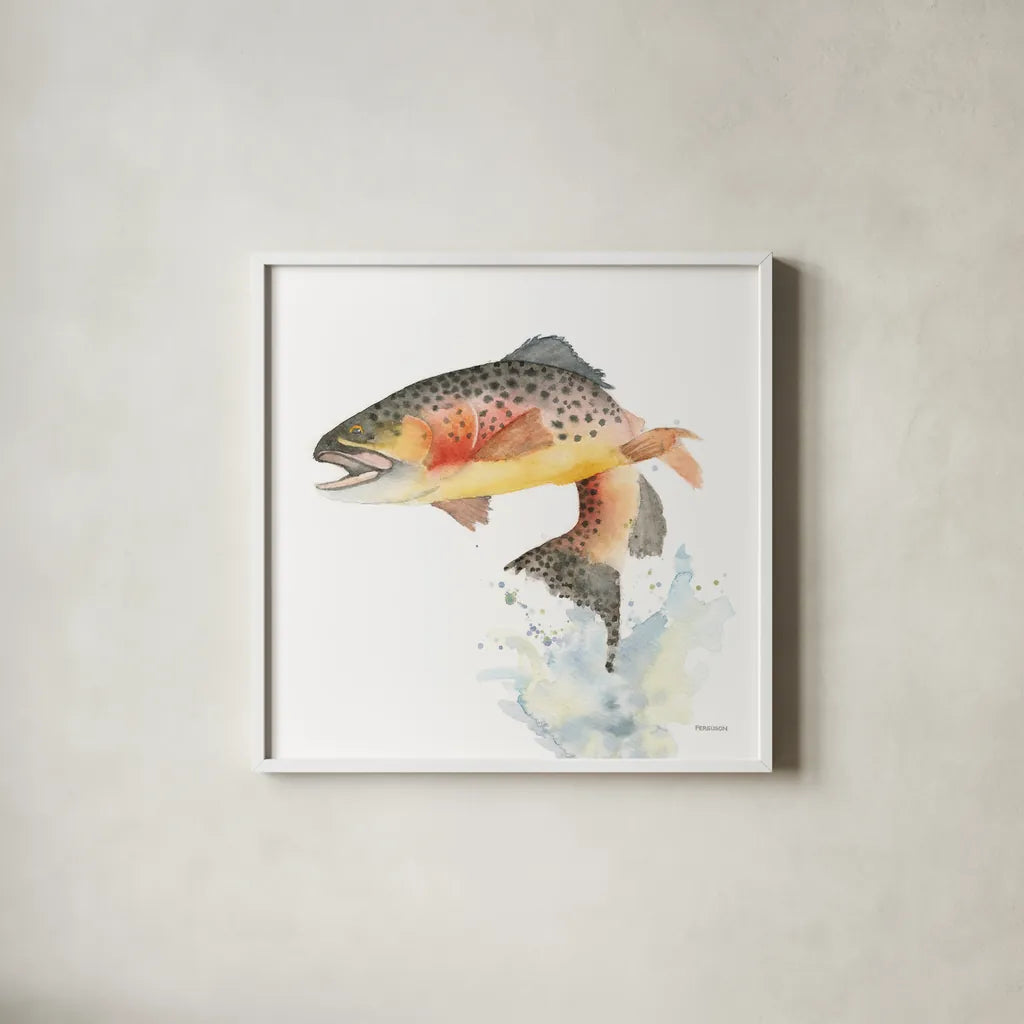 Cutthroat Trout by Kathy Ferguson. Shown in a crisp white glass frame for a clean and minimalist style. Available as an archival giclee rolled canvas, fine art paper, or poster print. SKU 72098a.
