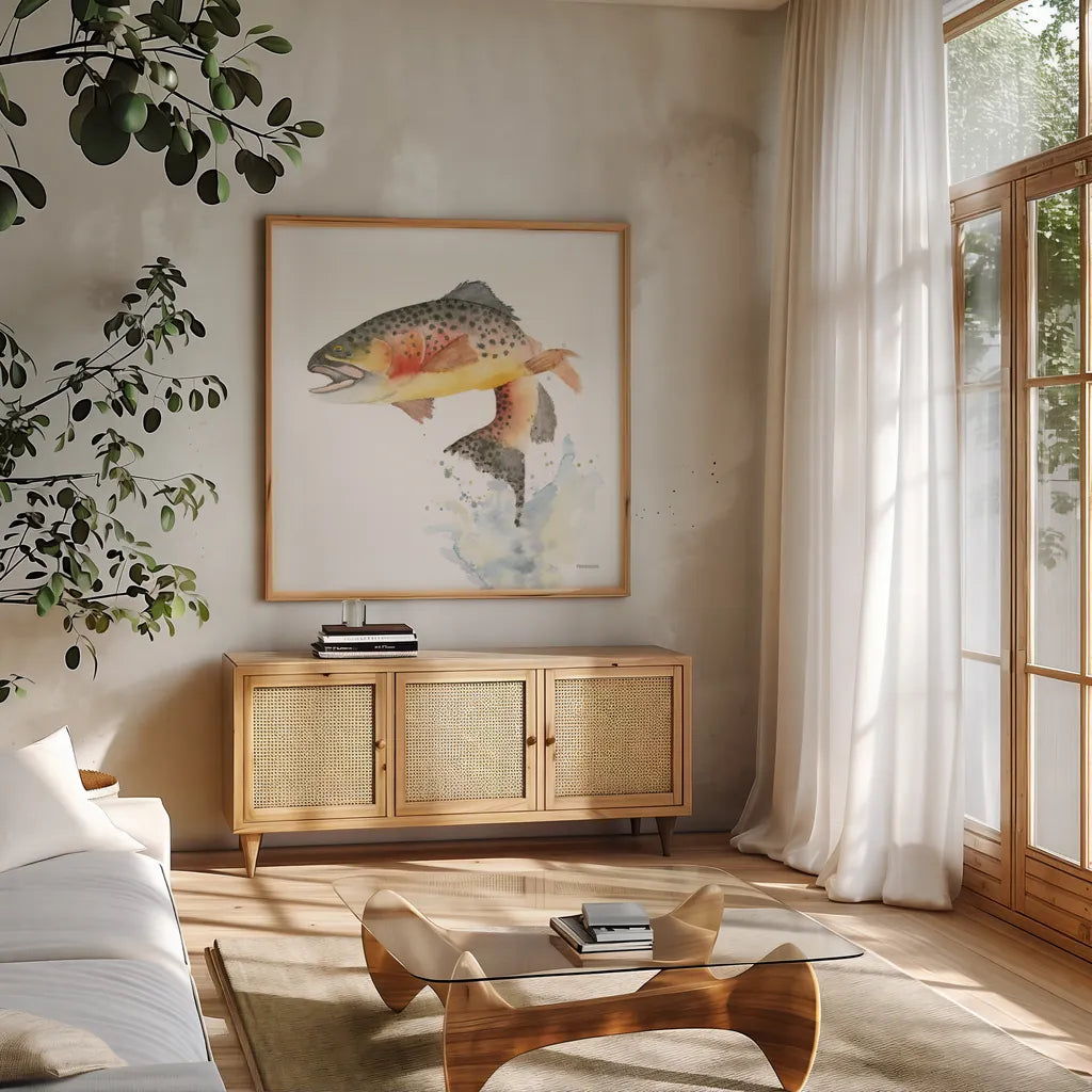 Cutthroat Trout by Kathy Ferguson. Shown in a natural wood frame in a cozy modern living room. Available as an archival giclee rolled canvas, fine art paper, or poster print. SKU 72098a.