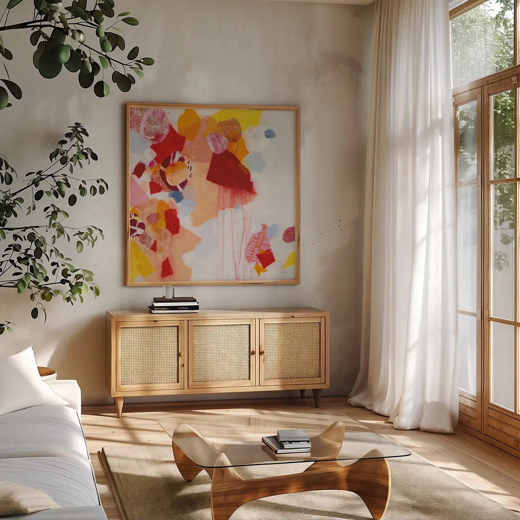 Falling Apart by Kathy Ferguson. Shown in a natural wood frame in a cozy modern living room. Available as an archival giclee rolled canvas, fine art paper, or poster print. SKU 55759a.