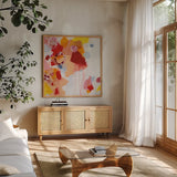 Falling Apart by Kathy Ferguson. Shown in a natural wood frame in a cozy modern living room. Available as an archival giclee rolled canvas, fine art paper, or poster print. SKU 55759a.