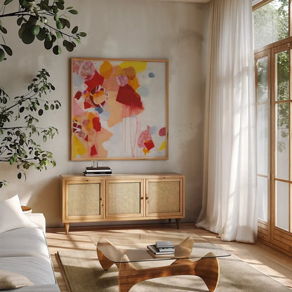 Falling Apart by Kathy Ferguson. Shown in a natural wood frame in a cozy modern living room. Available as an archival giclee rolled canvas, fine art paper, or poster print. SKU 55759a.