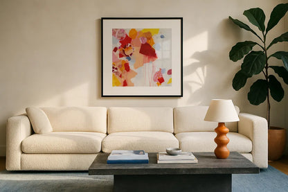 Falling Apart by Kathy Ferguson. Displayed in a glass frame with matte in a clean modern living room. Available as an archival giclee rolled canvas, fine art paper, or poster print. SKU 55759a.