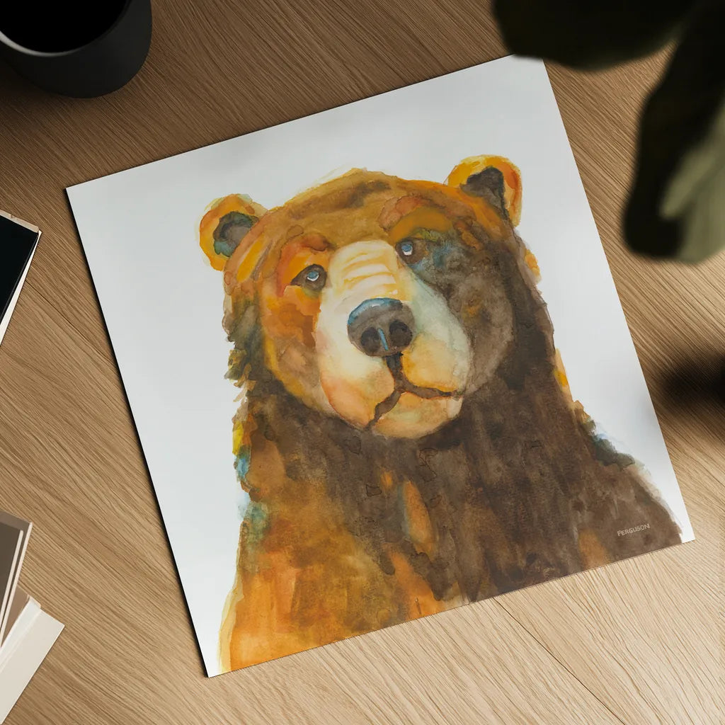 Friendly Bear by Kathy Ferguson. Shown as a detailed flat fine art print, highlighting archival giclee quality. Available as an archival giclee rolled canvas, fine art paper, or poster print. SKU 82542a.