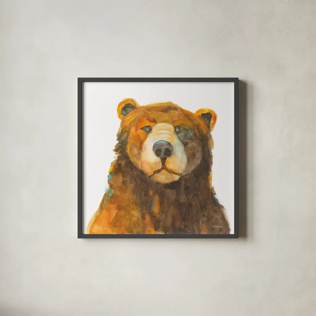 Friendly Bear by Kathy Ferguson. Shown in a sleek black glass frame for a contemporary gallery look. Available as an archival giclee rolled canvas, fine art paper, or poster print. SKU 82542a.